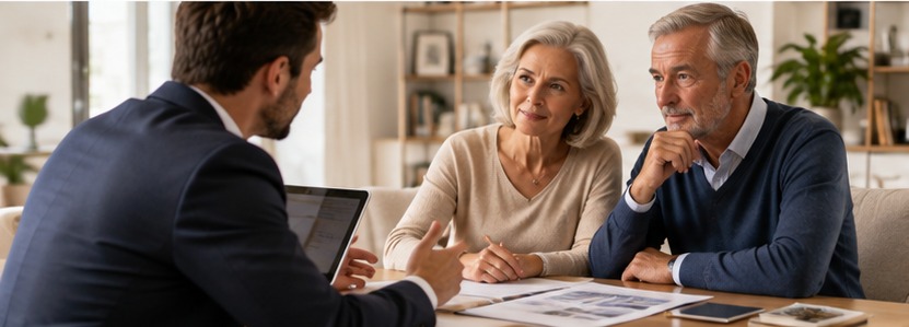 Conseiller Proactifs échangeant avec deux héritiers autour d'un projet de succession immobilière