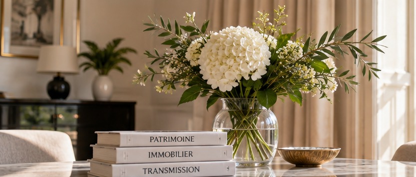 Bouquet et livres sur le patrimoine et la transmission, symbole de la réflexion avant de vendre un bien hérité