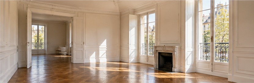 Appartement ancien vide aux parquets et moulures, à préparer avant sa mise en vente